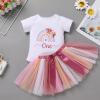 Baby Girls 1st Birthday Outfit Short Sleeve Flower Rainbow Boho Print White Romper Colourful Tutu Skirt with Headband Toddle Cake Smash Summer Clothes for Photo Shoot 3PCS Dusty Pink One 9-12 Months view 3