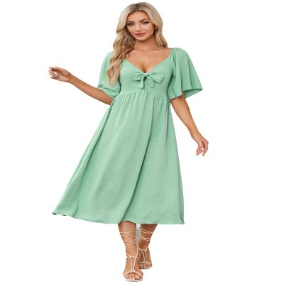 IDOPIP Women Sexy Bow Tie V Neck Dress Summer Flowy Midi Dress Short Sleeve A-line Smocked Back Dress Elegant Loose Cocktail Wedding Guest Outfit Party Ruffle Sundress Green M