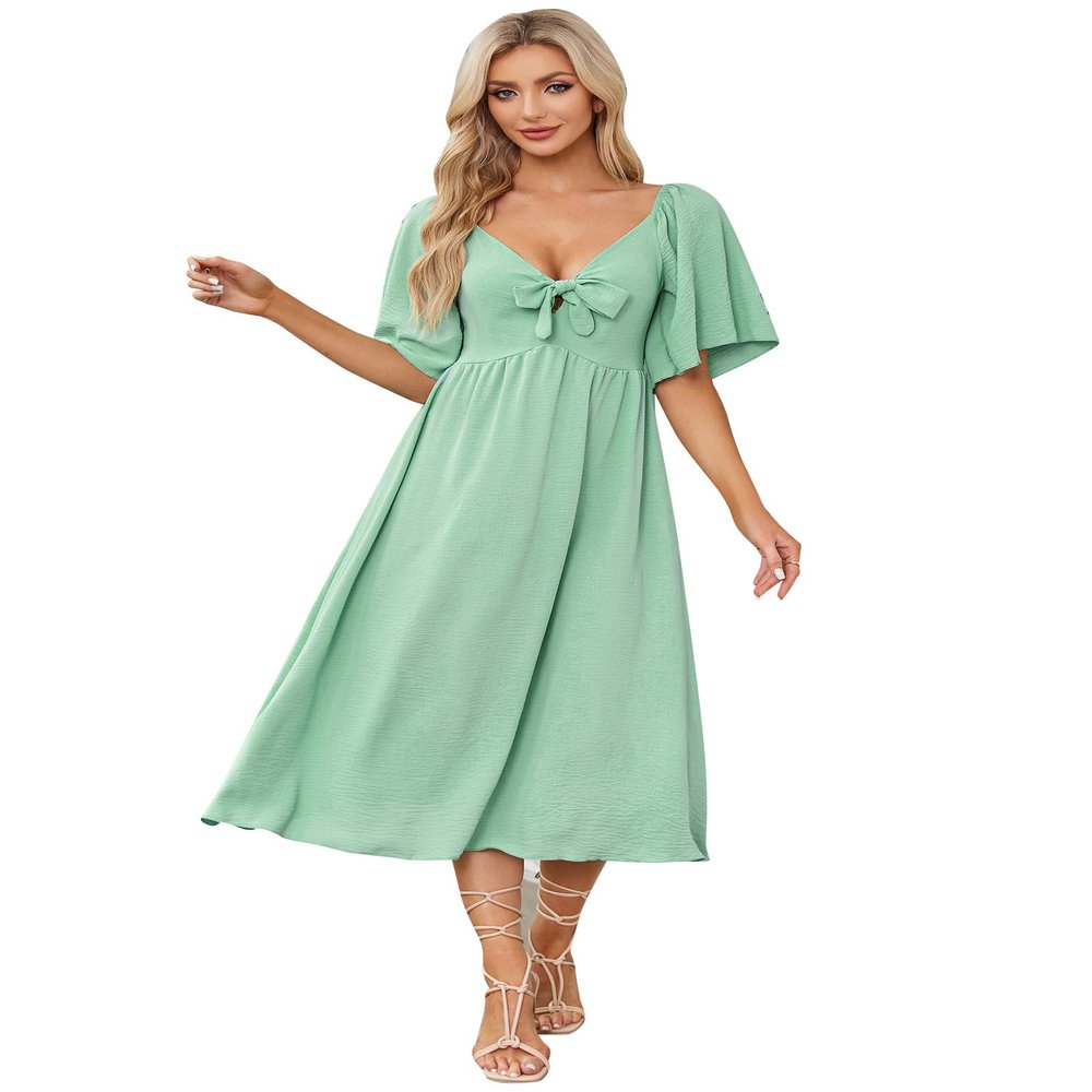IDOPIP Women Sexy Bow Tie V Neck Dress Summer Flowy Midi Dress Short Sleeve A-line Smocked Back Dress Elegant Loose Cocktail Wedding Guest Outfit Party Ruffle Sundress Green M