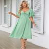IDOPIP Women Sexy Bow Tie V Neck Dress Summer Flowy Midi Dress Short Sleeve A-line Smocked Back Dress Elegant Loose Cocktail Wedding Guest Outfit Party Ruffle Sundress Green M view 2