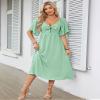 IDOPIP Women Sexy Bow Tie V Neck Dress Summer Flowy Midi Dress Short Sleeve A-line Smocked Back Dress Elegant Loose Cocktail Wedding Guest Outfit Party Ruffle Sundress Green M view 3