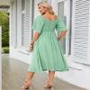 IDOPIP Women Sexy Bow Tie V Neck Dress Summer Flowy Midi Dress Short Sleeve A-line Smocked Back Dress Elegant Loose Cocktail Wedding Guest Outfit Party Ruffle Sundress Green M view 4