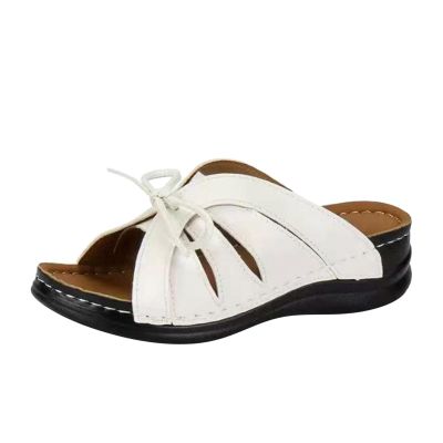 2024 Summer Wide Width Leather Platform Wedge Slides Heels,Fashion Bow Tie Decorative Open Toe Sandal Anti-Slip Breathable Walking Slippers with Arch Support Comfortable Slip On Slippers