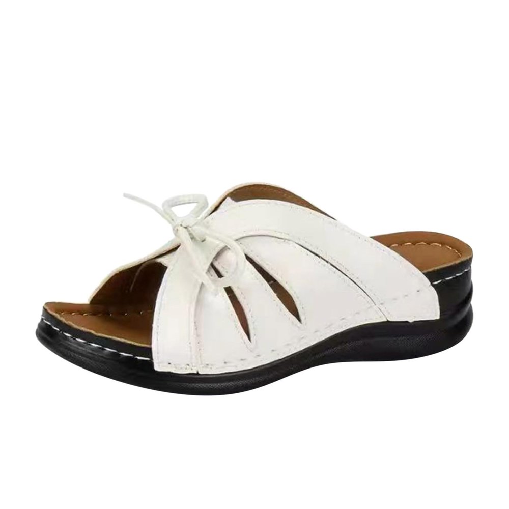 2024 Summer Wide Width Leather Platform Wedge Slides Heels,Fashion Bow Tie Decorative Open Toe Sandal Anti-Slip Breathable Walking Slippers with Arch Support Comfortable Slip On Slippers