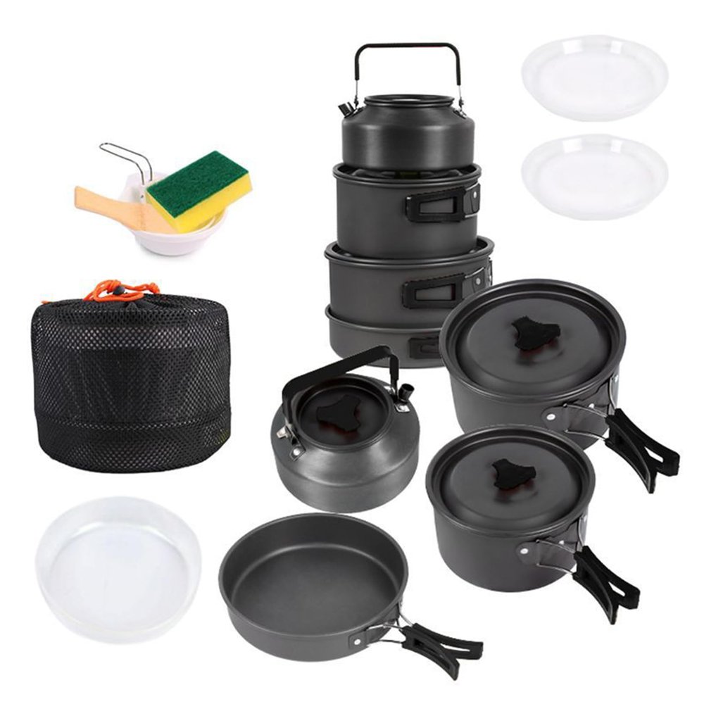 Walkervo Camp Cooking Utensil Set Outdoor Kitchen Gear Cookware Kit for 4-5 Person Non-Stick Lightweight Compact Pots Set with 1.1L Kettle Survival Cooking Kit for Outdoor Picnic Hiking Picnic,Black