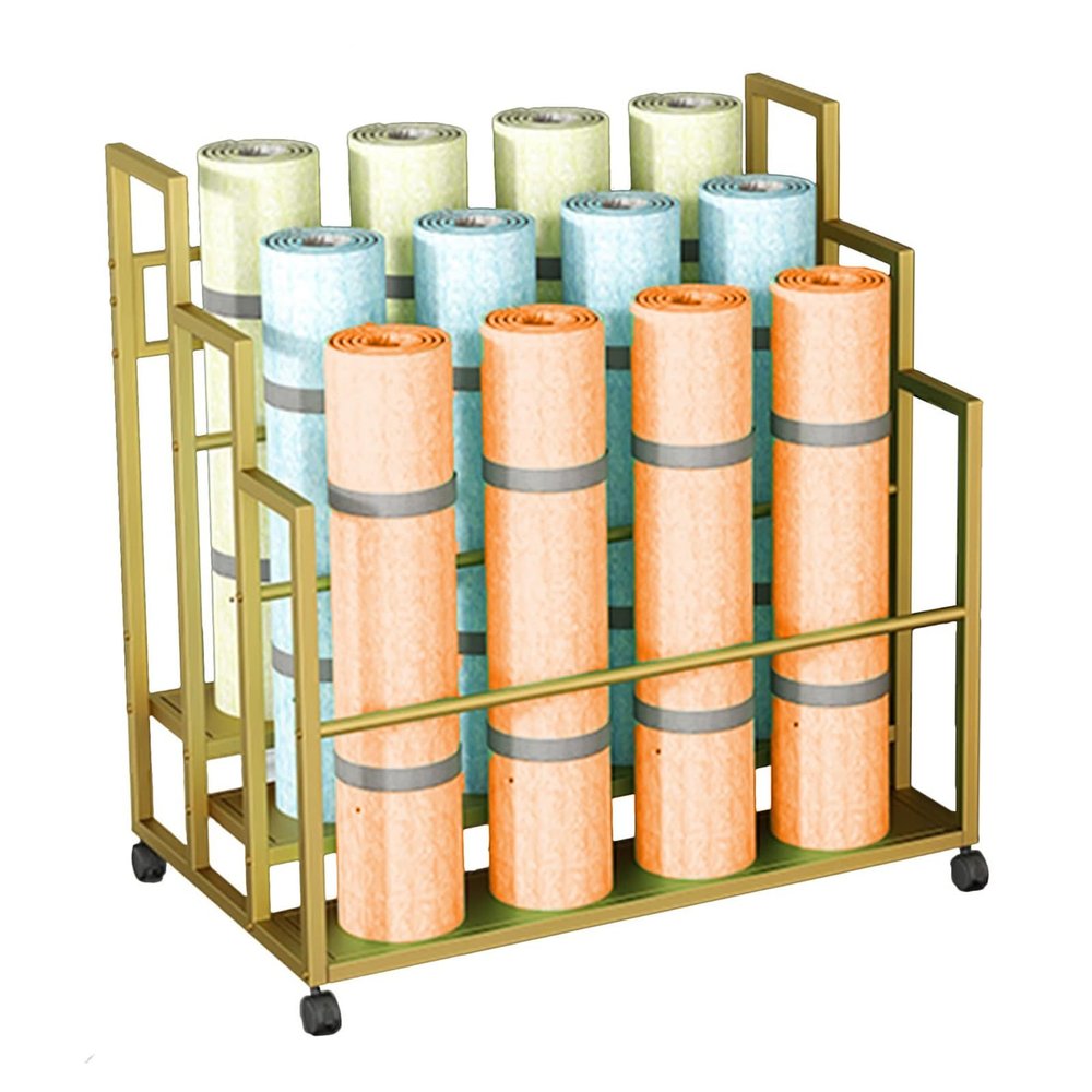 CMYUN Yoga Mat Holder Stepped Yoga Mat Rack with Wheels, Home Yoga Mat Basket for Foam Roller Yoga Block Dumbbell, Metal Yoga Mat Holder/Yoga Accessories (Color : Gold)