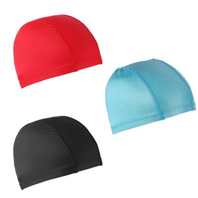 3pcs Elastic Swim Caps, Unisex Nylon Swimming Caps Anti-Slip Fabric Bathing Caps Swimming Pool Hat for Women Men Kids Boys Girls Long & Short Hair (Black, Red, Blue)