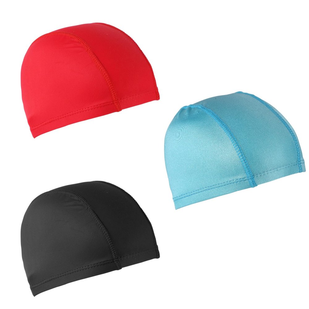 3pcs Elastic Swim Caps, Unisex Nylon Swimming Caps Anti-Slip Fabric Bathing Caps Swimming Pool Hat for Women Men Kids Boys Girls Long & Short Hair (Black, Red, Blue)