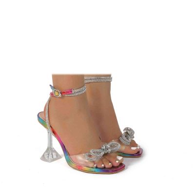 SACFOF Women's Square Toe Clear Heels Sexy Rhinestone Bow Heels Open Toe Ankle Strap Stiletto High Heel Sandals Dress