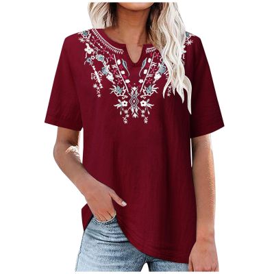 Women's Embroidered Shirt Cotton Linen Short Sleeve Blouses Peasant Boho Tops Casual V Neck Loose Tunics Stylish