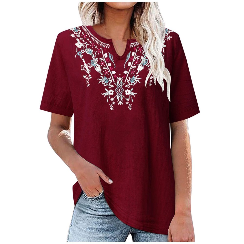 Women's Embroidered Shirt Cotton Linen Short Sleeve Blouses Peasant Boho Tops Casual V Neck Loose Tunics Stylish