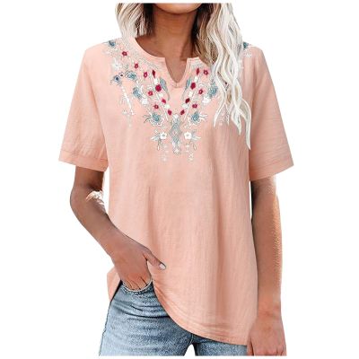 Women's Embroidered Shirt Cotton Linen Short Sleeve Blouses Peasant Boho Tops Casual V Neck Loose Tunics Stylish