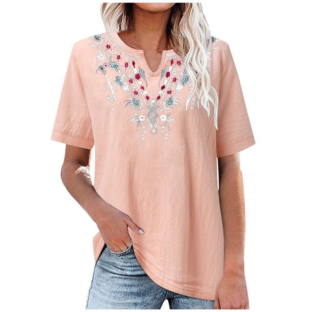 Women's Embroidered Shirt Cotton Linen Short Sleeve Blouses Peasant Boho Tops Casual V Neck Loose Tunics Stylish