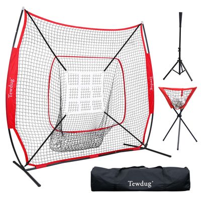 Baseball Net, 7x7ft Baseball Softball Practice Net with Large Ball Collection System, Pitching Net with Batting Tee & Centre of The Target, Baseball Nets for Hitting Pitching