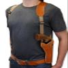 Barsony Saddle Tan Leather Cross Harness Vertical Shoulder Holster for Uberti Cattleman Left view 2