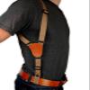 Barsony Saddle Tan Leather Cross Harness Vertical Shoulder Holster for Uberti Cattleman Left view 3