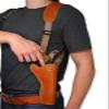 Barsony Saddle Tan Leather Cross Harness Vertical Shoulder Holster for Uberti Cattleman Left view 4
