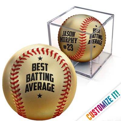 MAKEABALL Custom Metallic Gold Baseball with Display Cube | Official Size | Personalized with Your Text! | Great for Award Ceremonies, Banquets, Senior Night (Best Batting Average)