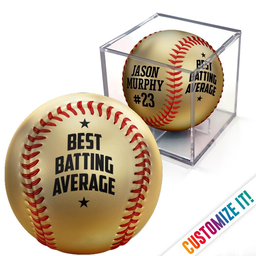MAKEABALL Custom Metallic Gold Baseball with Display Cube | Official Size | Personalized with Your Text! | Great for Award Ceremonies, Banquets, Senior Night (Best Batting Average)