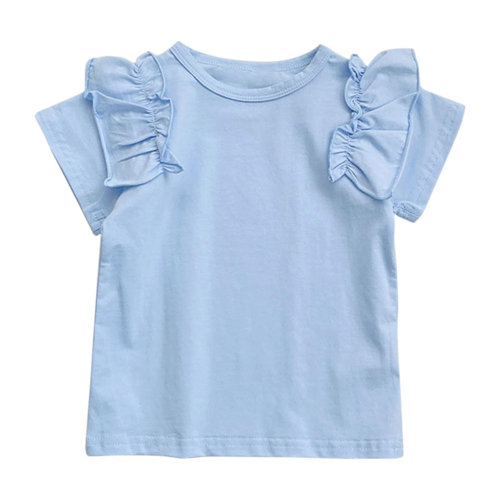 Betadog Girls Summer T Shirt Short Sleeve Toddler Casual Tops Ruffle Tees Round Neck Solid Color (Sky Blue, 5-6 Years)