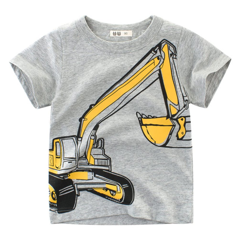 NineFit Basics Baby Tee Baby Boys Excavator Cartoon Short Sleeve Graphic T Shirt Toddler Kids Summer Short (Dark Gray, 1-2 Years)