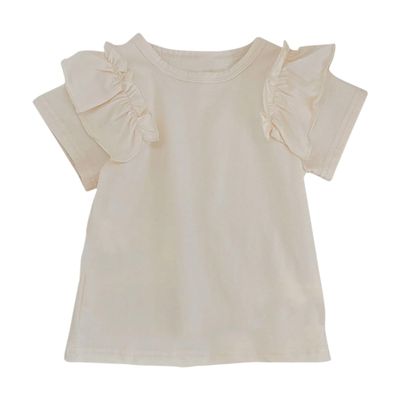Betadog Girls Summer T Shirt Short Sleeve Toddler Casual Tops Ruffle Tees Round Neck Solid Color Tops (Beige, 5-6 Years)