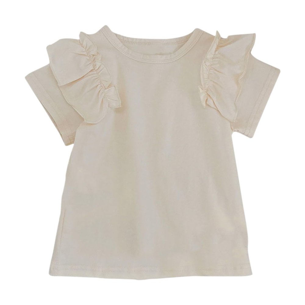 Betadog Girls Summer T Shirt Short Sleeve Toddler Casual Tops Ruffle Tees Round Neck Solid Color Tops (Beige, 5-6 Years)