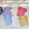 Betadog Girls Summer T Shirt Short Sleeve Toddler Casual Tops Ruffle Tees Round Neck Solid Color Tops (Beige, 5-6 Years) view 4