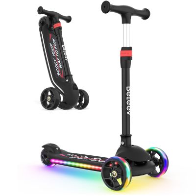 BELEEV Kids Scooter with LED Light-Up Wheels & Deck, 3 Wheel Folding Scooter for Toddlers Girls Boys Ages 3-12, Adjustable Handlebar, Lean to Steer, Extra Wide Wheel, Kick Scooter for Children (Black)