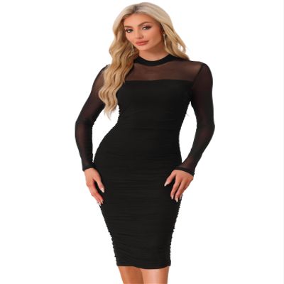 Allegra K Sheer Mesh Dress for Women 2026 Mock Neck Long Sleeve Ruched Elegant Cocktail Valentines Day Bodycon Dresses X-Small Black