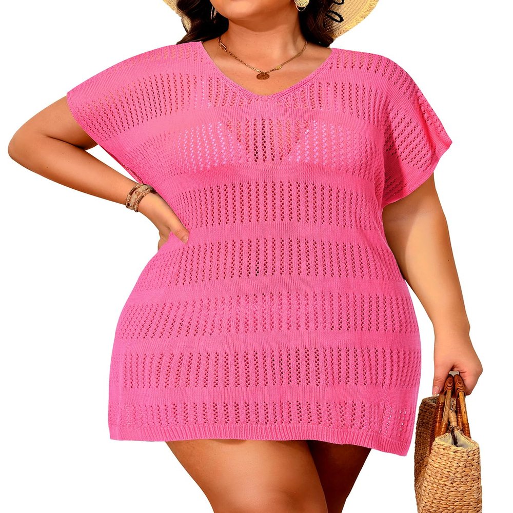 Pinup Fashion Beach Coverups Women Plus Size Pink Short Sleeve Cover Up 14W-22W