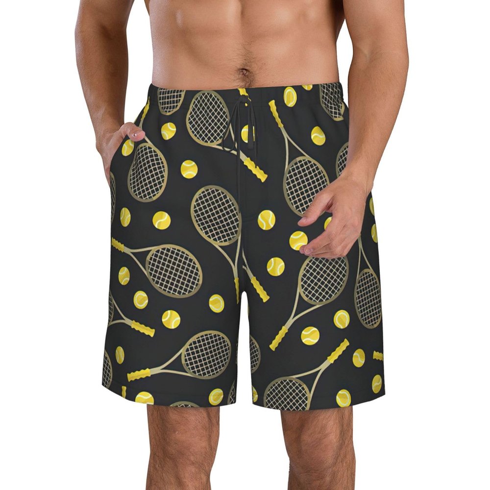 Funny Tennis Racquets and Tennis Balls Print Men's Beach Shorts Hot Summer Swim Trunks Sports Running Bathing Suits Shorts White