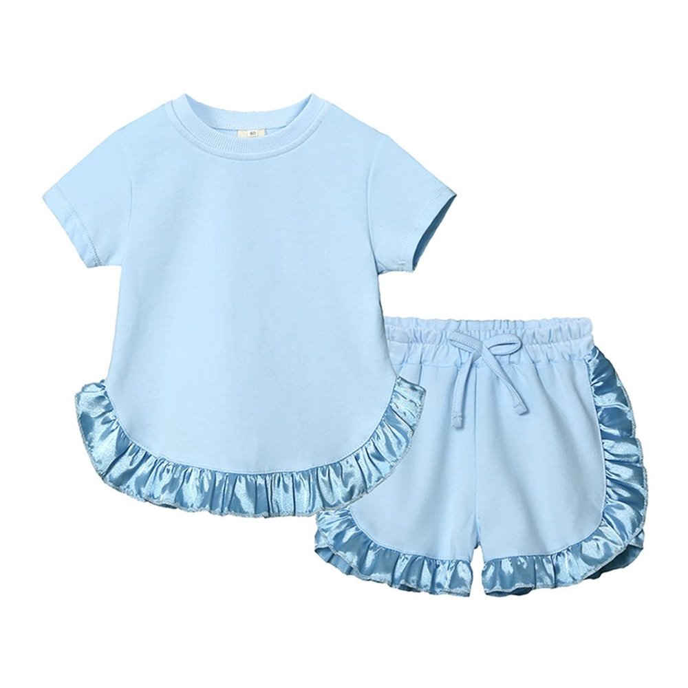 AMIMOJY Girls Baby Summer Cotton Clothes Solid Color T Shirt Ruffle Hem Short Sleeve Tops Shorts Set Homewear 2Pcs Outfit, 4-5T, Blue