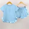 AMIMOJY Girls Baby Summer Cotton Clothes Solid Color T Shirt Ruffle Hem Short Sleeve Tops Shorts Set Homewear 2Pcs Outfit, 4-5T, Blue view 2