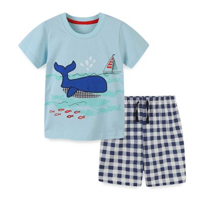 AMIMOJY Toddler Boys Baby Summer Outfit Cartoon Prints Shorts Sleeve T Shirt Tops Plaid Shorts Set Casual Knit Kid Set 2Pcs, 5T
