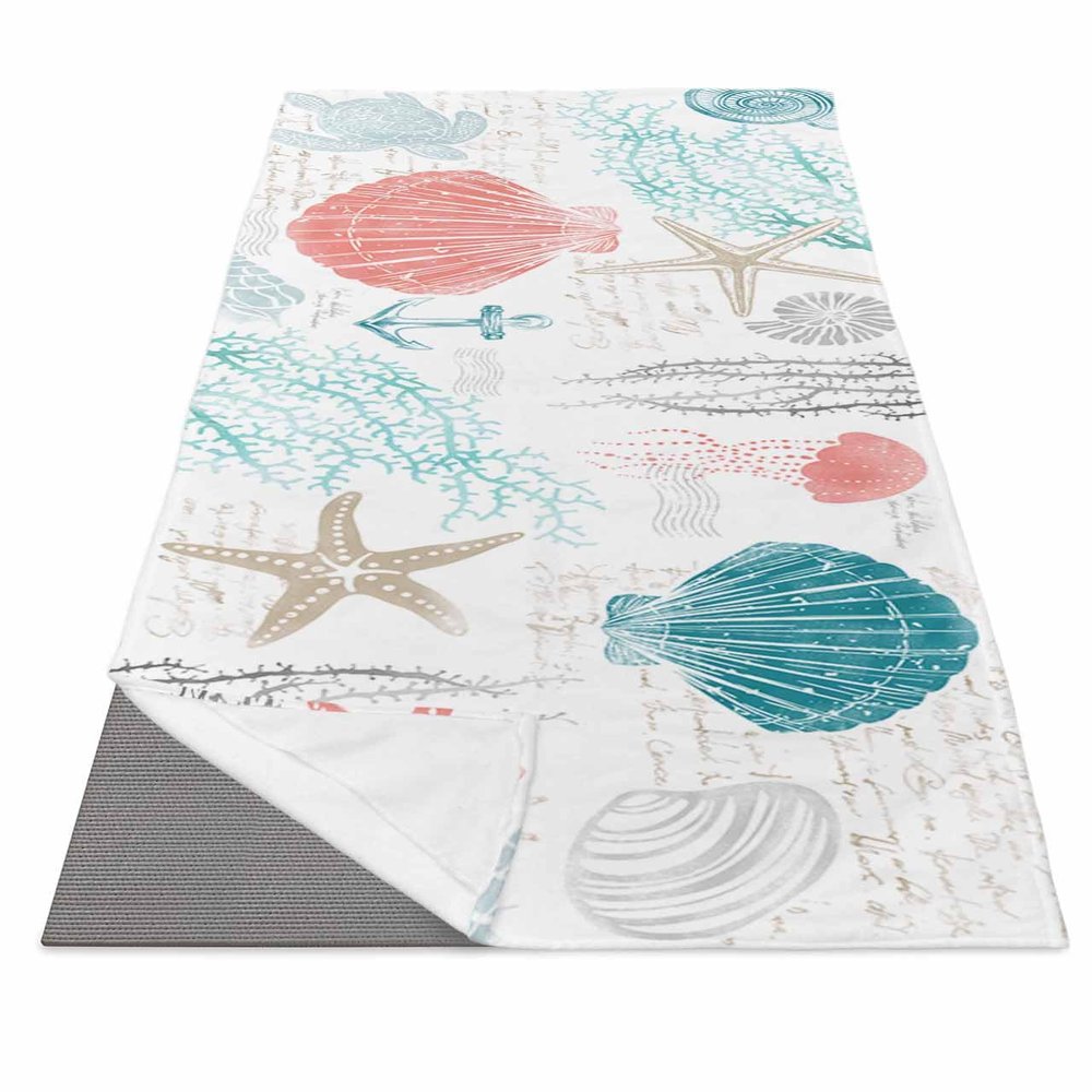 Coastal Coral Red Yoga Mat Towel with Corner Pockets for Hot Yoga Non Slip,Absorbent Yoga Blankets Soft Gym Sweat Working Out Fitness Pilates Towels 74"x26" Nautical Ocean Turtle Teal Starfish Conch