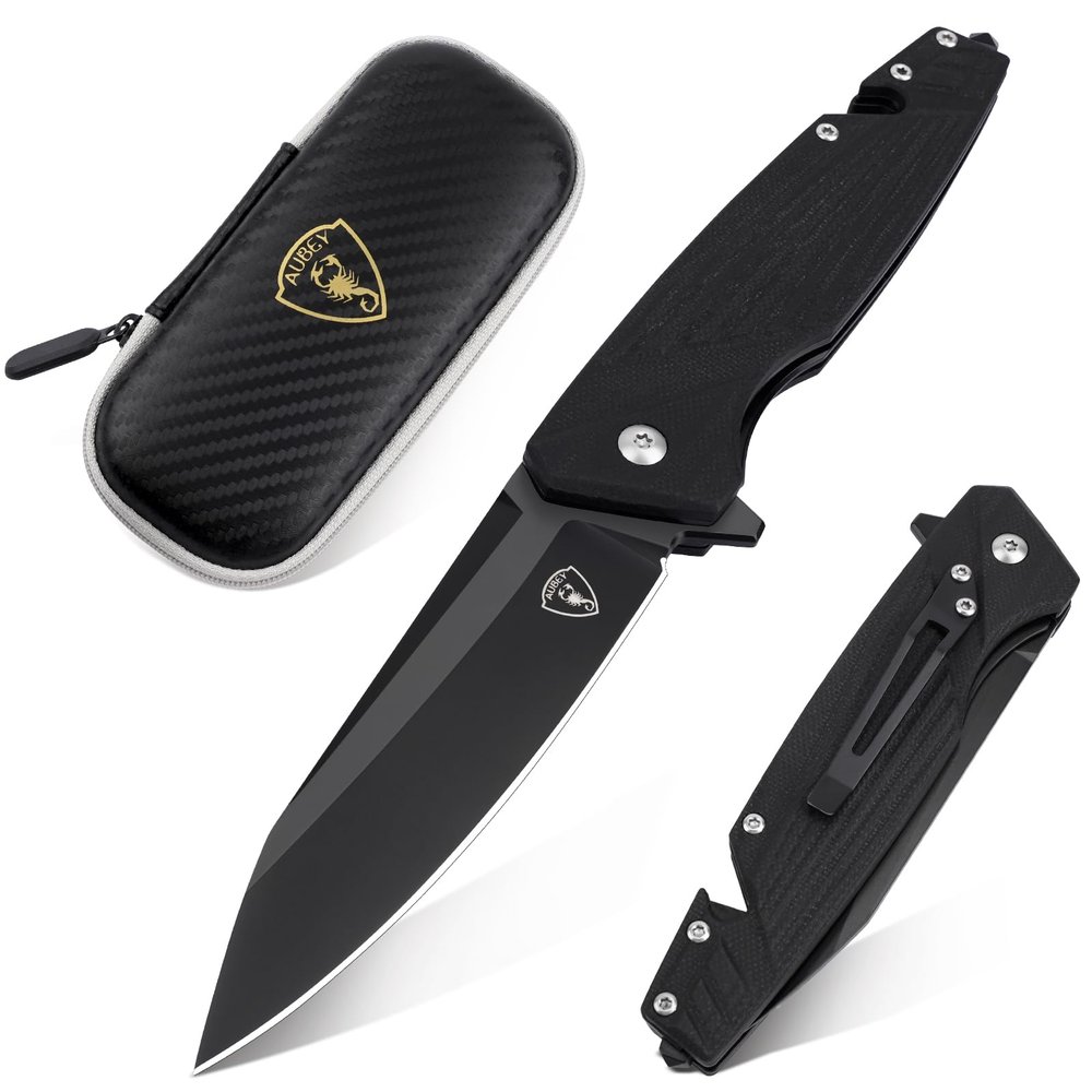 AUBEY Pocket Knife, 8Cr14Mov Steel Blade 3.54", 3-in-1 Folding Knife for Men, Tactical Multitool Knife with Glass Breaker Seat Belt Cutter for EDC Outdoor Survival Camping Hiking (G10 Handle)