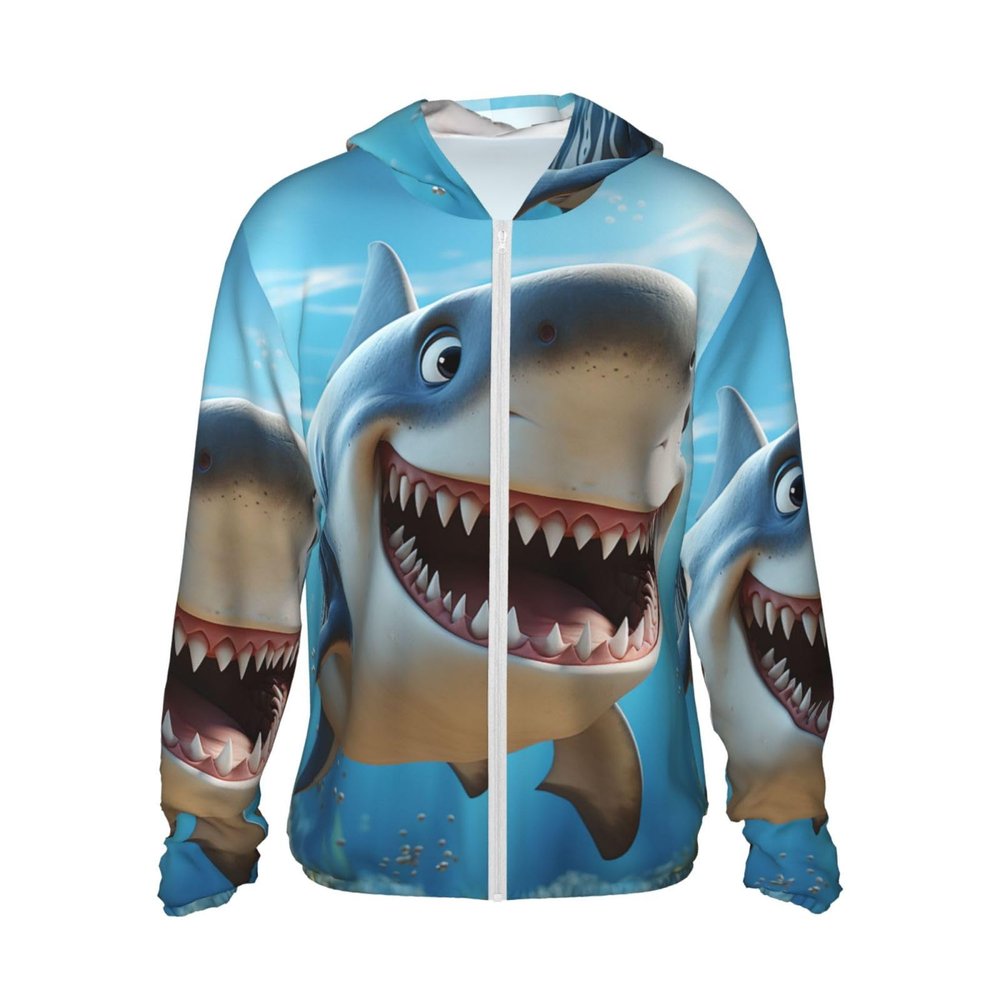 BTCOWZRV Upf 50+ Full Zip Cartoon Shark Swimming Sun Protection Hoodie Jacket Long Sleeve With Pocket Sun Shirt