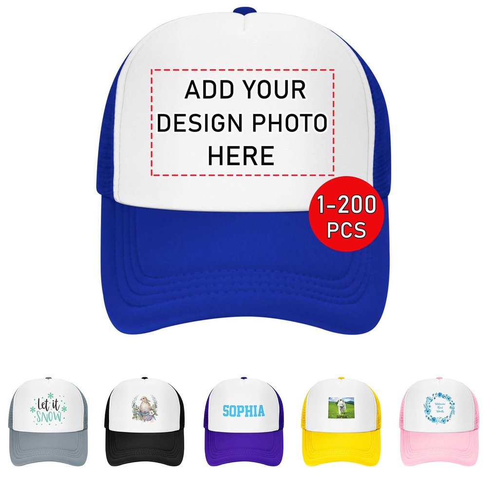 Personalized Trucker Hats Add Your Own Text Logo Photo Custom Baseball Cap for Men & Women Casual Sun Peak Hat Gifts, Blue
