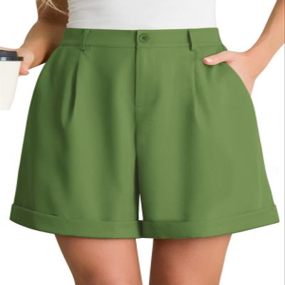 Feiersi Women Summer Dressy Elastic Waist Wide Leg Suit Tailored Shorts Trendy Work Shorts(Green,Small)