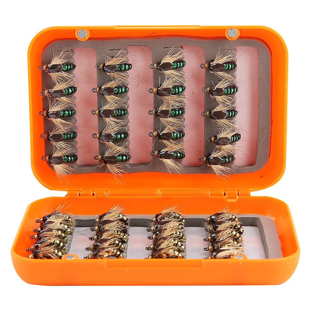Pissente Fly Fishing, 40pcs Lifelike Fly Fishing Fly Fishing Kit Box Fly Fishing Lures High Simulation Fly Fly Hook with High Carbon Steel Hooks for Fishing Enthusiast (Golden