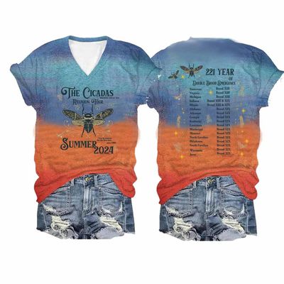 MOGUI The Cicadas Reunion Tour Shirt The Cicadas Reunion Tour Tee Funny Cicada Shirts Casual Vintage Graphic Tshirt Funny Letter Print V Neck Tee Shirt, X-Large, Sunsrt