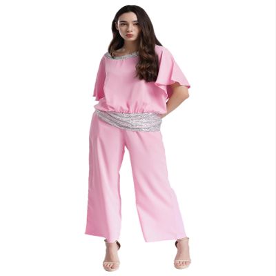 Hularka Women's Party Evening Suits Sets Batwing Sleeve Tops with Loose Pants Casual Trouser Suit Pink Small