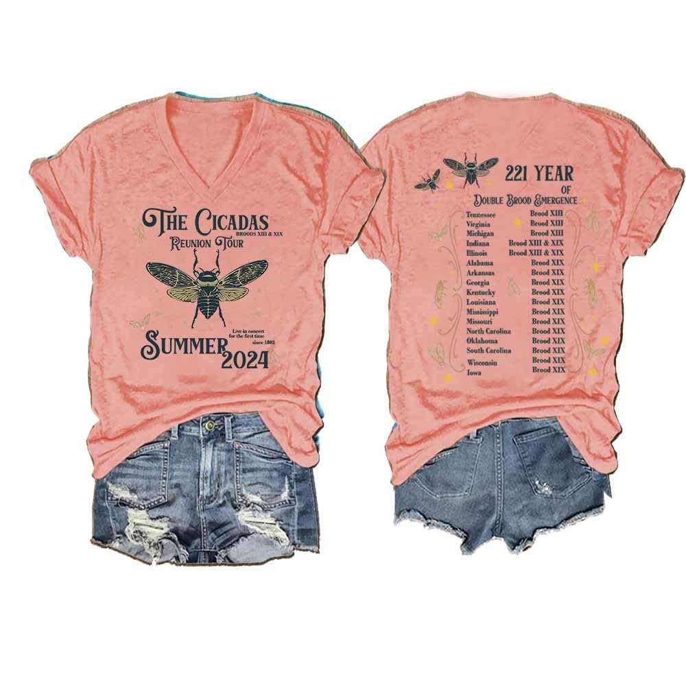 MOGUI The Cicadas Reunion Tour T Shirt The Cicadas Reunion Tour Graphic Tee Summer T Shirts for Women 2024 Casual Vintage Graphic Tshirt Funny Letter Print V Neck Tee Shirt Pink, X-Large