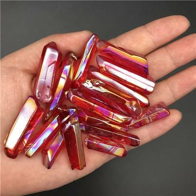 KatLin Decorative Ornaments Electroplated Red Rainbow Aura Lemurian Quartz Crystal Point Stones Decor Natural Minerals(Color:Red)