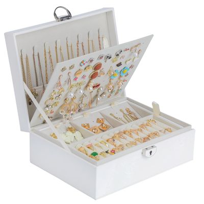 BOOVO Earring Jewelry Box For Women Girl Stud Organizer, 4 Layers Girl Jewelry Organizer Box With Lock Earring Holder Organizer Necklace Ring Jewelry Organizer Box For Girls (White, 4 layer)