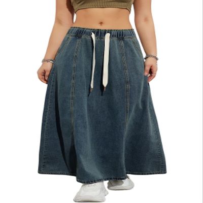 chouyatou Women's Casual Paperbag Elastic High Waist A Line Long Maxi Flare Denim Skirt (Medium,Dark Blue)