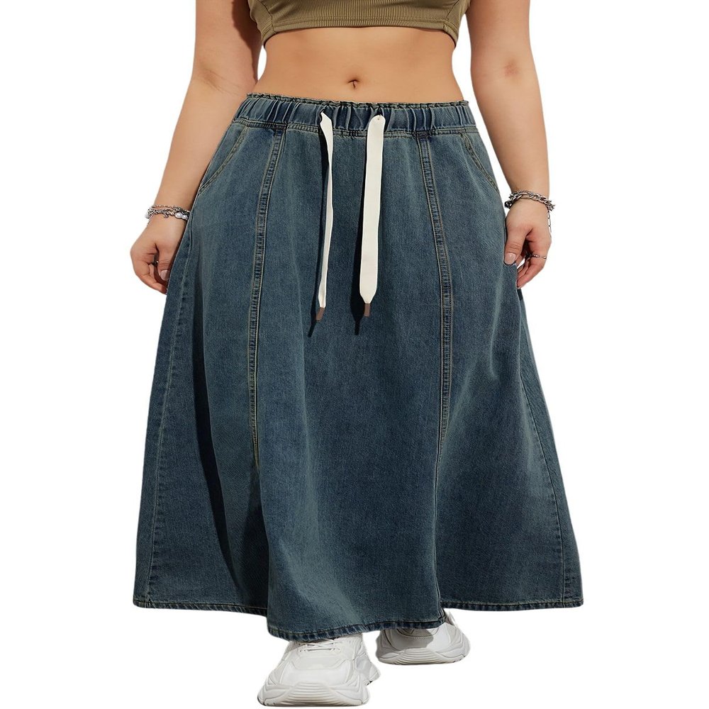 chouyatou Women's Casual Paperbag Elastic High Waist A Line Long Maxi Flare Denim Skirt (Medium,Dark Blue)