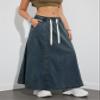 chouyatou Women's Casual Paperbag Elastic High Waist A Line Long Maxi Flare Denim Skirt (Medium,Dark Blue) view 2