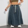 chouyatou Women's Casual Paperbag Elastic High Waist A Line Long Maxi Flare Denim Skirt (Medium,Dark Blue) view 4